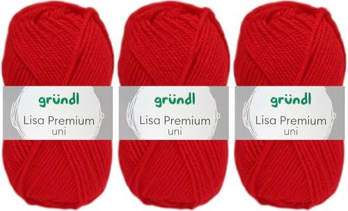 3x50 Gramm Gründl Lisa Premium Uni aus 100% Polyacryl inkl. Anleitung für Meerschwein (12 Signalrot)