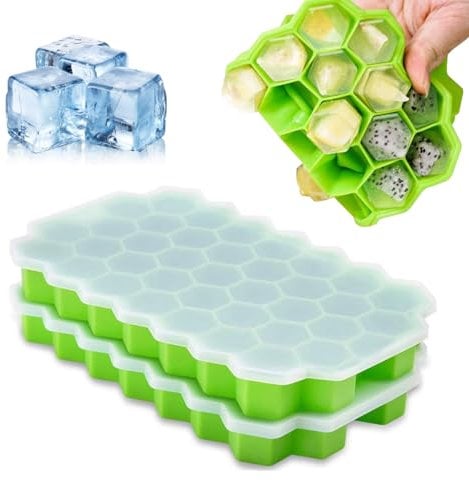 Green Ice Cube Molds 37 Hexagonal for Freezer Ice Cube Tray with Lid, 2 Pcs Silicone Ice Cube Moulds, Small Ice Cube Trays, Each Makes Ice Cubes Silicone for Chilled Drinks, Whiskey, Cocktail