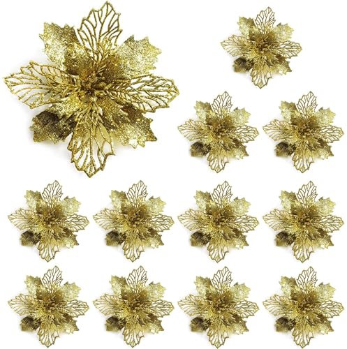12 Stück Glitter Weihnachtsbaum Dekoration, Weihnachtsbaumschmuck, Glitter Weihnachtsblumen, Christbaumanhänger, Weihnachtsblume Glitzernde für Weihnachtsbaum Dekorationen, Gold