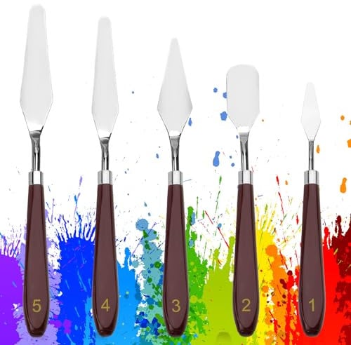 5 Piece Painting Scraper Set Palette Scraper Spatula Stainless Steel Painting Scraper Stainless Steel Hybrid Spatula for Acrylics and Oils Smooth Edge SturdyGrip Plastic Handle for Acrylic Art Baking