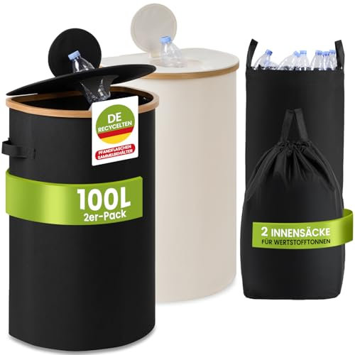 REKITA Pfandflaschen Sammelbehälter 2er Pack 100L Flaschensammler Leergut mit Deckeln und herausnehmbaren, wiederverwendbaren Innenbeuteln Leergut Sammelbehälter Pfandbehälter (Schwarz & Beige, 200L)