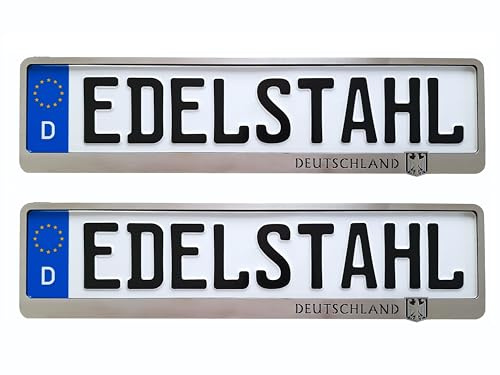 2 x Kennzeichenhalter mit Aufschrift Deutschland - Auto Nummernschildhalter Rahmen Edelstahl gebürstet - Nummernschild Kennzeichenhalterung - Auto Kennzeichen (2X Edelstahl gebürstet)