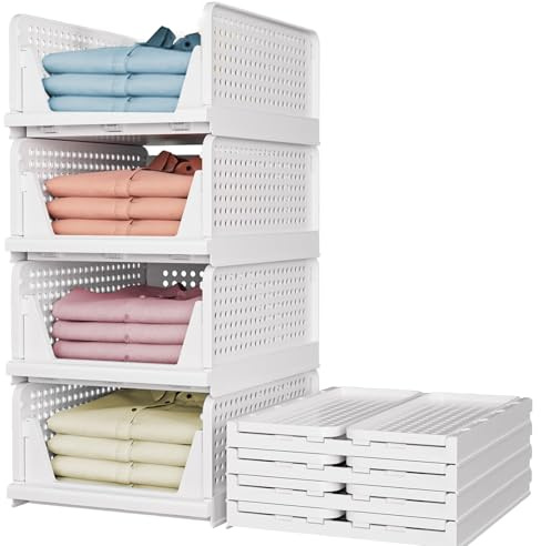 4 Piezas Organizador Armario Apilable, Cajas Almacenamiento Plastico Plegable, Cesta Cajoneras Almacenaje Interior, Organizadores Cajones Ahorra Espacio para Ropa, Cocina, Dormitorio, Baño (Blanco)