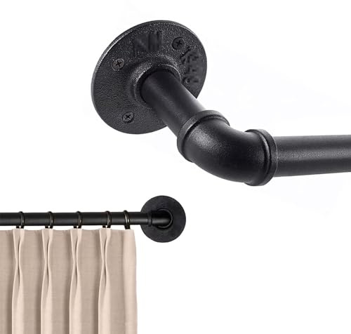 Curtain Poles Extendable 213cm to 365cm, Black Curtain Pole for Eyelet Curtains, Industrial Curtain Pole For Living Room, Bathroom, Bedroo Windows