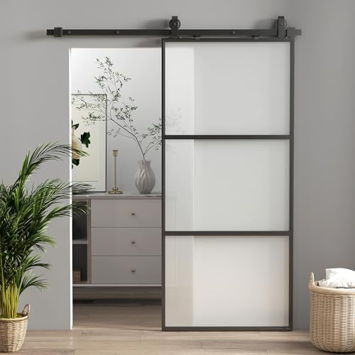HOMCOM Kit complet de porte coulissante en verre avec rail de guidage pour porte intérieure Softclose 91 x 203 cm - Montage mural - Noir