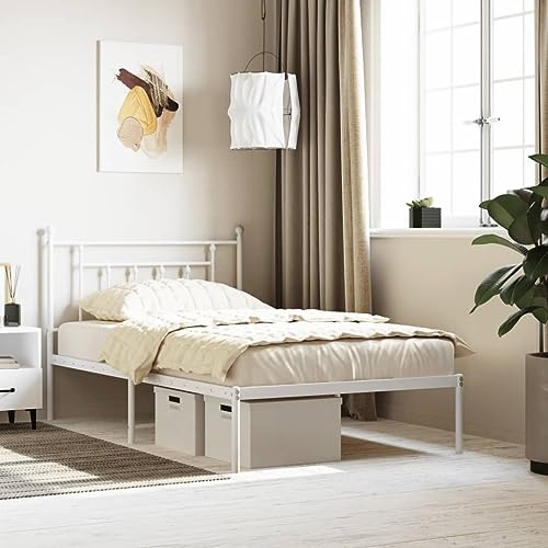 Teenpull Robustes Bettgestell mit Kopfteil, weißer Metallrahmen für Matratze 107x203 cm, stabile Plattform Basis für jedes Schlafzimmer, modernes Bettgestell inklusive Lattenrost, Unterbett Stauraum.
