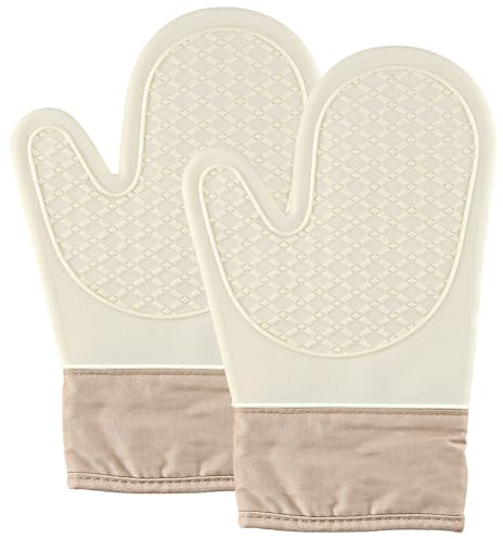 1 Paar Silikon Ofenhandschuhe, bis zu 300°C hitzebeständig, Lebensmittelqualität Backhandschuhe, rutschfest und fleckabweisend, Topfhandschuhe für Backofen und Grill, Weiß (Weiß-1)
