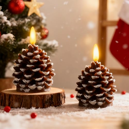 Nexoria Weihnachtsdeko Tannenzapfen LED Kerzen, 2 Stück 3D Tannenzapfen Flammenlose Kerzen Batteriebetrieben LED Kerze Weihnachten Deko Lichter für Heimdekoration Tischdeko (A)