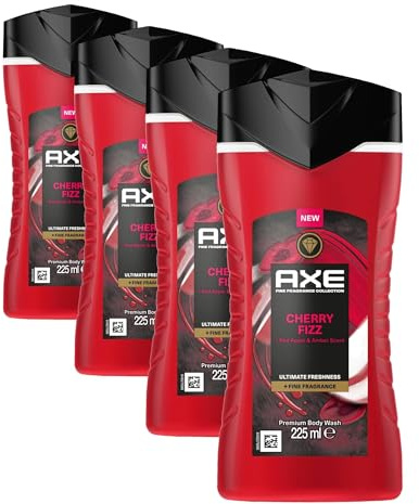 Axe Fine Fragrance Collection DUSCHGEL/FLUESSIGSEIFE Cherry Fizz Premium Body Wash für 12 Stunden langanhaltende Frische verleiht einen spektakulären Duft unter der Dusche 225 ml (Packung mit 4)