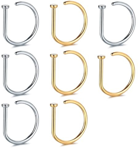 YUVKIN 8 Pièces nez en forme de D, faux piercing nez, anneaux de piercing de nez, en forme de D, taille unique, Acier inoxydable, de accessoires de bijoux