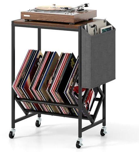 GIANTEX Mobile Porta Vinili con Ruote e Tasca Laterale, Mobile Porta Vinili per 200 Album CD, Struttura in Metallo, Supporto per Giradischi per Soggiorno, Sala Musica (Marrone)