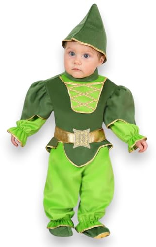 KORAT - Costume Peter Pan Neonato 3/6–13/18 Mesi – Travestimento Carnevale con Cappello Casacca Cintura Pantalone e Copriscarpette – Costume Fiaba Design Italiano per Bambini
