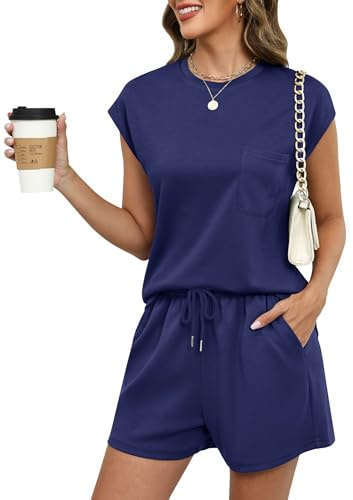 Rapbin Womens Tracksuit Set Two Piece Outfit Loungewear Co ord Sets Casual Summer Cap Sleeve Tops and Shorts Bottoms with Pockets Drawstring