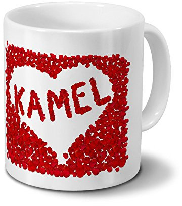 Tasse mit Namen Kamel - Motiv Rosenherz - Namenstasse, Kaffeebecher, Mug, Becher, Kaffeetasse - Farbe Weiß