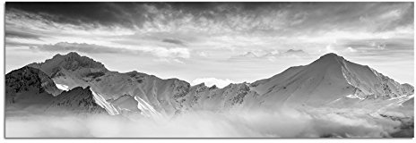 Leinwandfoto als Panorama SCHWARZ/WEISS 150x50cm Berge Wald Schnee Nebel Abend