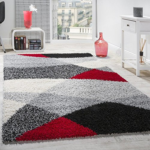 Paco Home Tappeto Shaggy A Pelo Alto A Pelo Lungo Decorato Nei Colori: Grigio Nero Bianco, Dimensione:160x220 cm, Colore:Rosso