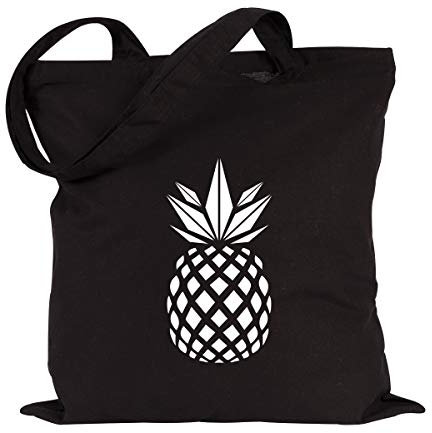 JUNIWORDS Jutebeutel - Wähle eine Farbe - Ananas (Beutel: Schwarz, Text: Weiß)