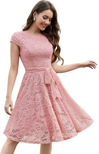 MuaDress Robe de Soiree Femme Courte en Dentelle Florale Plissée avec Ceinture Manche pour Mariage Cocktail Blush XL