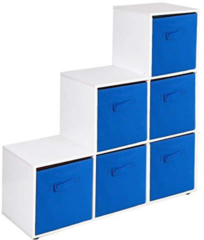 URBNLIVING 6 Cube White Step Storage Shelf Unit & 6 Dark Blue Drawers