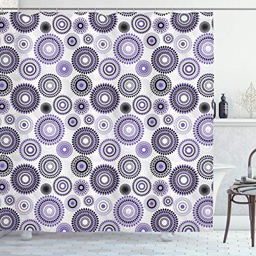 ABAKUHAUS Schwarz Lila Duschvorhang, Mandala, Stoffliches Gewebe Badezimmerdekorationsset mit Haken, 175 x 180 cm, Violett Schwarz Weiß
