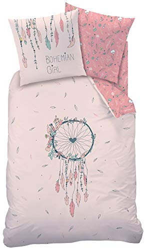 Threads For Bed Dreamcatcher Bettwäsche-Set, Mädchenbettwäsche, Kinderbettwäsche, Bohemian Girl, Dreamcatcher, Federn und Blumen – Kissenbezug 80 x 80 cm, Bettbezug 135 x 200 cm, 100 Baumwolle