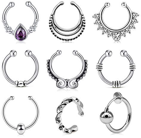 LAURITAMI 9stk Fake Septum Ringe Helix Knorpel Clip Silber Set Chirurgenstahl Piercing Ohrring Diamant Ear Cuff Schmuck