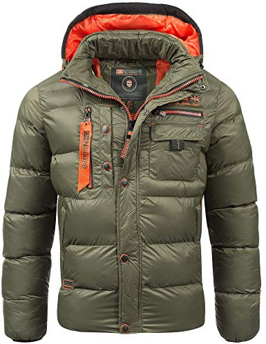 Geographical Norway Chaqueta acolchada de invierno para hombre – Anorak cálido y forrado - Chaqueta outdoor para invierno/otoño en pack con gorro UD, caqui, L