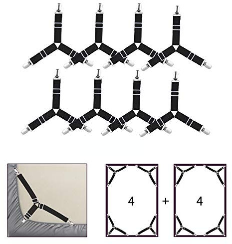 WADEO 8 Pièces Drap de Lit Attaches, Réglable élastiques Triangle Sangles de Soutient pour Drap-Housse et Drap Plat Draps de Lit, Matelas, Canapé Coussin, Nappes, Planche à Repasser - Noir
