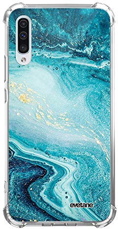 Evetane Hülle Kompatibel mit Samsung Galaxy A50 Silikon Ecken Stoßfest Solide Vollschutz Heavy Duty Transparent Blau Perle Marmor Muster Schreiben Mode