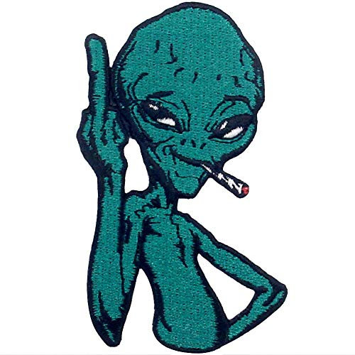 Aufnäher, bestickt, Design: Grüner Alien wie Rauchen, zum Aufbügeln oder Aufnähen