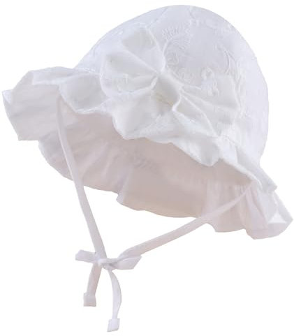 XIAOHAWANG Sommerhut Baby Mädchen UV Schutz Sonnenhut Mütze Baby Sommer Mützen Baumwolle Mit Schleife und Bindebändern (Weiß Stickerei, 48cm(6-12 Monate))