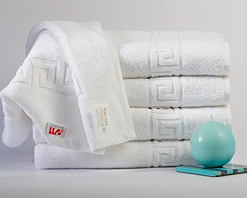 Euromat Hotelqualität Jacquard Frottier 5er Set Handtücher 50x100 cm mit Bordüre in Greek Key- 500 g/m², Weiß, Doppelgewebe Schlaufe, 100% Baumwolle, 95°C waschbar. Öko-Tex