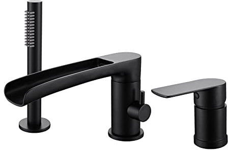 TapLong Robinet de baignoire romain cascade avec douchette, largement utilisé sur le pont avec pulvérisateur, poignée à une main, 3 trous, noir mat, 03119B