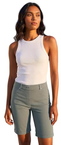 Roman Stretch Shorts for Women UK Ladies Pull On Turned Hem Cut Off Bengaline Mom Boyfriend Boy Denim Casual Cropped Pants Capri Slim Fit Turn Up Summer Crops Mother - Khaki - Size 14