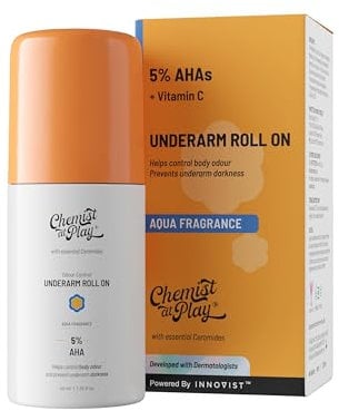 Chemist at Play UnderArm Roll-On with 5% Lactic Acid 1% Mandelic Acid | Prevents Odour Brightens Skin & Exfoliates Underarm | Long Lasting Aqua Fragrance | Alcohol & Aluminium Free (1.3 Ounce)