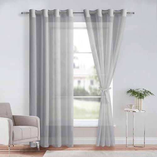 DWCN Vorhänge Weiß Voile mit Ösen Gardine Sheer Transparente aus Voile Polyester Ösenschal Transparent Wohnzimmer 2er Set, Grau, 260x140cm(HxB)