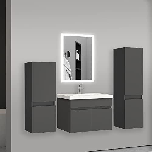 AICA sanitaire Ensemble de Meuble de Salle de Bain Anthracite Clair 59cm+Vasque+Miroir+Colonne Meuble Salle de Bain-Armoire de Rangement-Meubles-lavabos