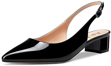 Aachcol Donna Slingback Chunky Blocco Basso Tacco Heel Pumps a Punta Cinturino alla Caviglia Sandali Dress Scarpe Feste Ufficio da Matrimonio Nero Verniciata 3.5 CM 43 EU