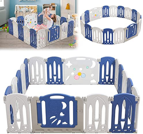 Aufun Laufstall Baby Laufgitter Faltbar Baby Absperrgitter mit Tür und Spielzeugboard, 16 Panel Blu+Weiß Baby Absperrgitter, Krabbelgitter kunststoff(16 Stück)