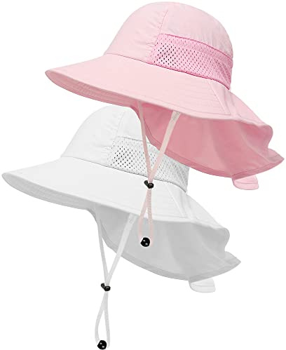 2-Pack Toddler Baby Sun Hat Summer UPF 50+ Protection for Boys Girls Kids Adjustable Beach Hats with Bucket Wide Brim Age 1-7 Years Outdoor(Small,Pink + White)