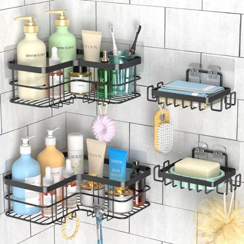 Yazoni Duschregal Ecke 4 Stück - Duschablage Ohne Bohren mit Seifenhalter, Edelstahl Badezimmer Organizer mit 8 Haken für Bad Küche und Wohnzimmer (Schwarz)