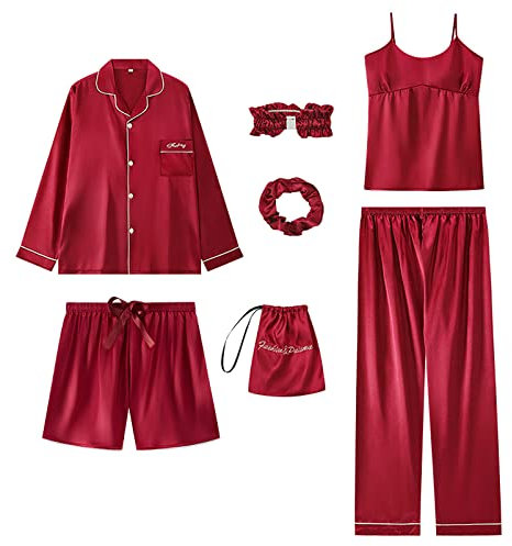 Jamron Damen 7PCS Satin Pyjama Set Frühling Sommer Herbst Tops & Kurze Hose Nachtwäsche SN07655 Rot M