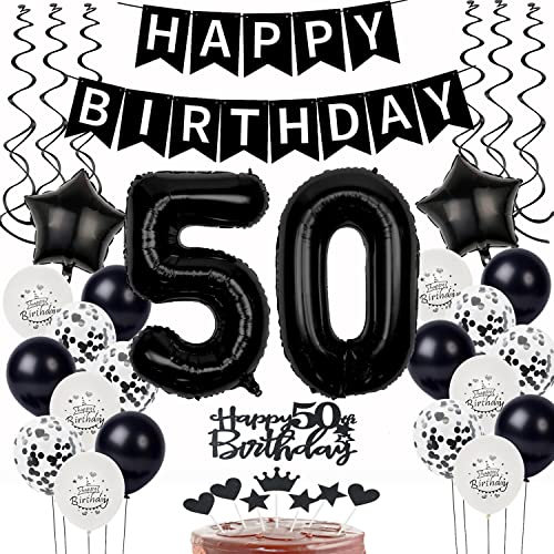 Schwarz Weiß Luftballons 50. Geburtstag Dekoration,Geburtstagsdeko 50 Jahre mann frauen Tortendeko 50 Geburtstag Ballons 50. mann Happy Birthday 50 Jahre männer deko 50