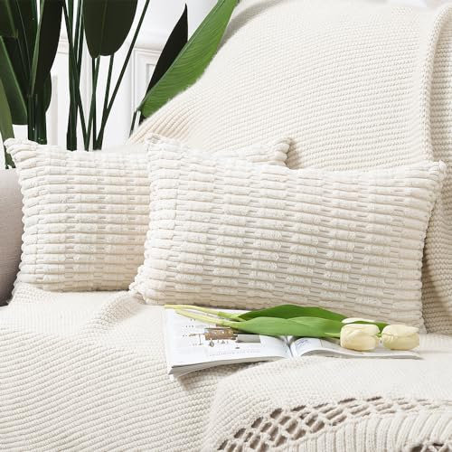 Madizz 2er Set Boho Gestreifte Kissenbezüge Weicher Kordsamt Dekorativer Kissenbezug für Sofa Schlafzimmer Kissenhülle Beige 30 x 50 cm