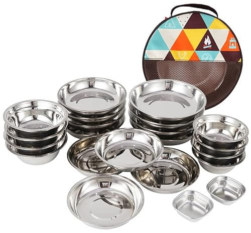 Juego De Platos De Servicio De 22 Piezas Con Bolsa De Viaje, Platos Y Cuencos De Acero Inoxidable, Juego De Camping Para Acampar Al Aire Libre, Senderismo, Picnic, Barbacoa, Playa