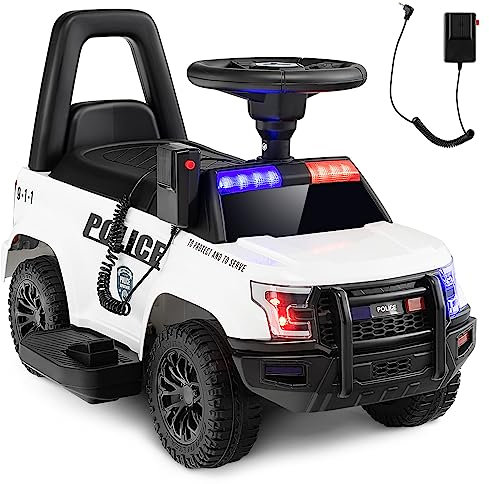 Maxmass Kids Ride on Police Car, 6V Battery Powered Electric Vehicle with Side Megaphone, Horn, USB/TF, Warning Light, Siren Sound and Underseat Storage, Children Toy Car for 18-60 Months (White)