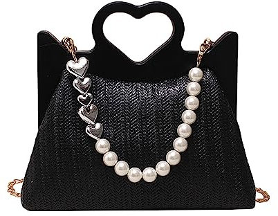 Sac fourre-tout tissé en paille pour femme, tendance, cœur, paille, perle, sac à main, panier de plage, sac à main pour l'été, les vacances, les voyages, noir