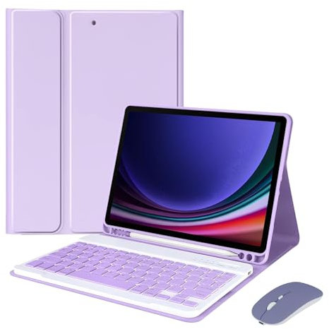 HLTOOP Custodia con Tastiera per Samsung Galaxy Tab S9 Fe 10,95 Pollici 2023, Custodia con Tastiera Wireless Magnetica Retroilluminata per SM-X510/X516, Mouse Bluetooth Ricaricabile,Viola