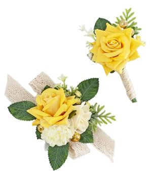 Yelinart Set mit gelben Rosen, Ansteckblume und Ansteckblume für Hochzeit, Abschlussball, Heimkehr, Herren, Bräutigam, Trauzeugen, künstliche Blumen, Ansteckblume und Damen, Mädchen, Brautjungfern,
