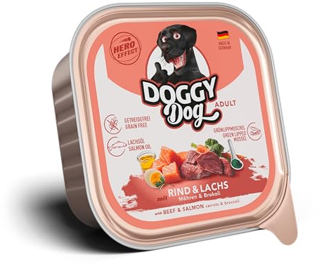 DOGGY Dog Paté Rind & Lachs, 10 x 150 g, Nassfutter für Hunde, getreidefreies Hundefutter mit Lachsöl und Grünlippmuschel, Alleinfuttermittel mit Karotten und Brokkoli, Made in Germany